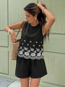 Set de 2 piezas de top sin mangas y shorts para mujer, de moda para el verano - Negro - Ver 8