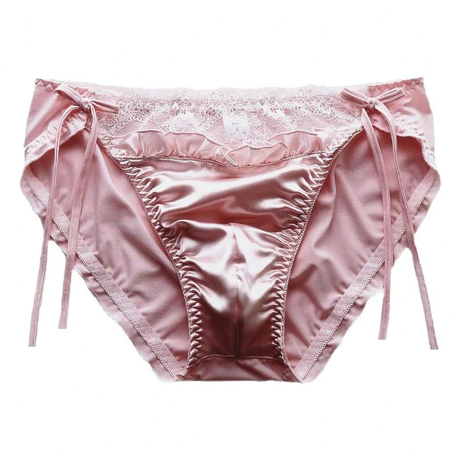 Women's Sexyys Satin Panties Lace Silk Underwear Luxury Low Waist Side Tie Panty Breathable String Bikini Briefs - màu nâu - Xem 1