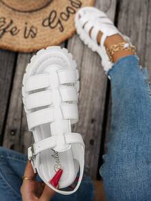 Women's Comfortable Breathable Platform Hollow Thick Heel Woven Roman Sandals - White - View 2