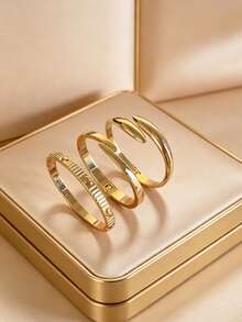 Bộ 3 món trang sức mới chất lượng cao bằng thép không gỉ đính đá Zirconia hình hoa, gồm vòng tay, nhẫn và dây chuyền, thích hợp để đeo hàng ngày. - Vàng - Xem 5