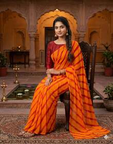 Estationeryhouse Chiffon Printed Saree With Single Stripe, Blosue Not Included - Orange/Red - View 2