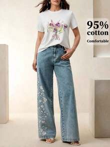 1pscAnewsta Camiseta Estampada Elegante y Divertida para Mujer, Adecuada para el Uso Diario, 100% Algodón - Blanco 11 - Ver 3