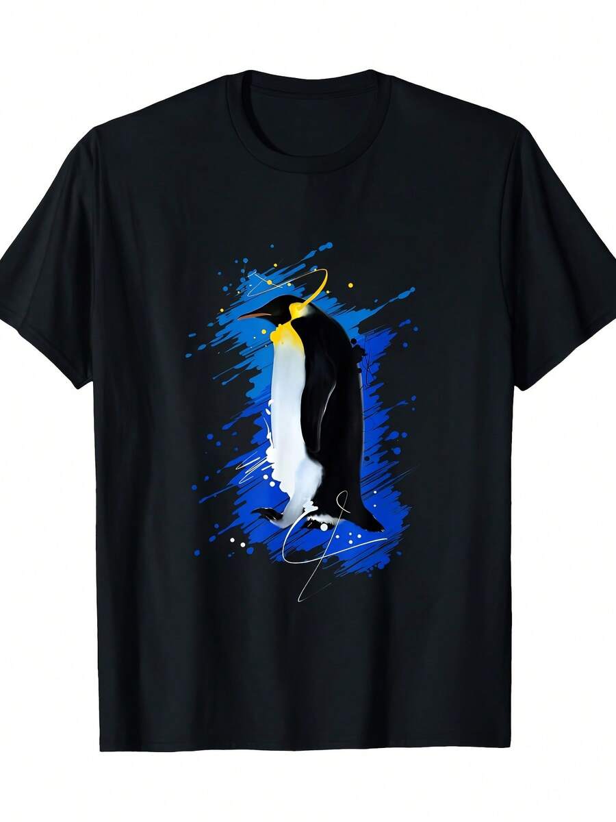 Penguin Print T-Shirt - Soft Medium Stretch Fabric, Crew Neck, Casual Penguin Print Style, Versatile Garment To Match With Outfits All Year Round - Ideal Penguin Themed Gift (Machine Washable) - 黑色 - 查看 1