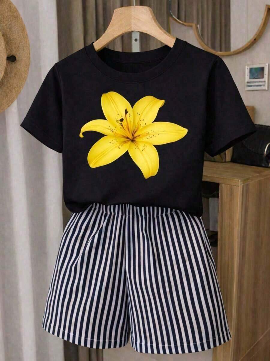A Short-Sleeved T-Shirt With A Retro American Style, Loose Fit, Print (The Pants Are Just Style Suggestions), Thick Multicolored T-Shirt, 100% Cotton Material, Modern Print, Suitable For Both Men And Women, New Spring/Summer/Autumn Style, Breathable And Comfortable, Simple And Versatile, The Stylish Unisex Tropical Print T-Shirt Is Very Suitable For Holidays, Halloween And Mexican Independence Day Parties. - 黑色 - 查看 1