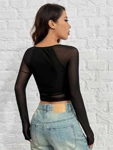 Playera De Malla Negra Y Ajustada Para Mujer - Negro - Ver 2