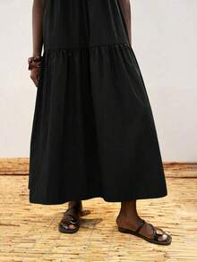 Vestido casual de vacaciones con diseño de volantes escalonados en verde jade, vestido cómodo con cuello redondo, división horizontal, parches y fruncidos, atuendo bohemio de playa, elegante vestido de estilo occidental para vacaciones de muje - Negro - Ver 7