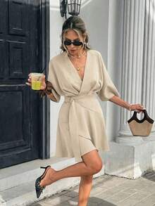 Vestido mini envolvente de unicolor con cuello en V para mujer - Albaricoque 2 - Ver 3
