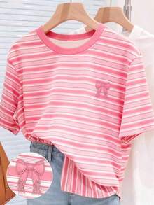 Camiseta de mujer talla grande con estampado digital a rayas de colores y bordado de fresa, regalo para amigos - Blanco - Ver 6