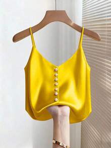 Camiseta de satén de unicolor minimalista y elegante con perlas falsas para mujer, de verano - Amarillo - Ver 3