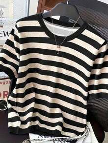 Camiseta de manga corta de cuello redondo a rayas para mujer, de uso versátil y casual para uso diario - Multicolor 5 - Ver 1