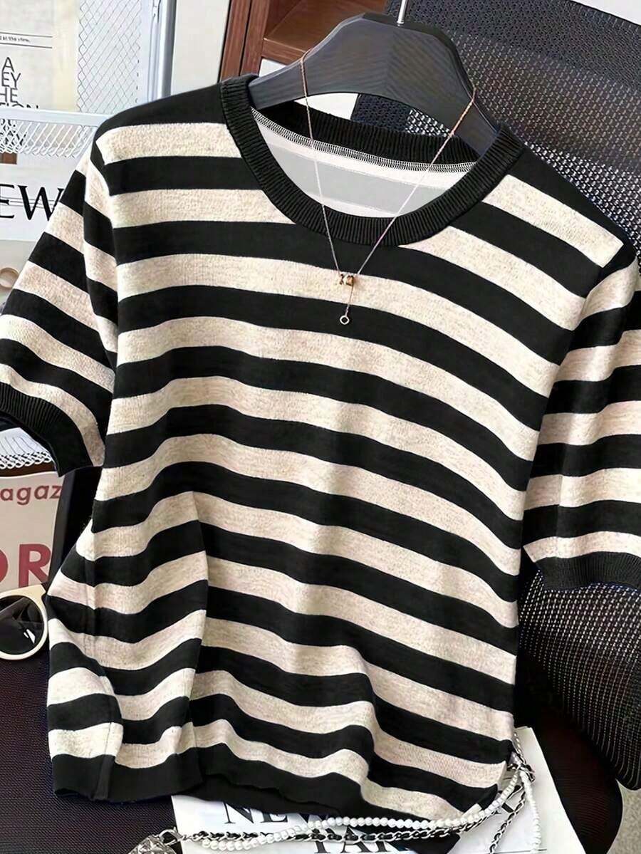 Camiseta de manga corta de cuello redondo a rayas para mujer, de uso versátil y casual para uso diario - Multicolor 5 - Ver 1