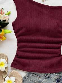Blusa de punto con textura de burbujas de color albaricoque, con hombros asimétricos y cintura anudada, de corte ajustado, adecuada para fiesta, cita, paseo por la ciudad, viaje por carretera, playa de verano - Burdeos - Ver 6