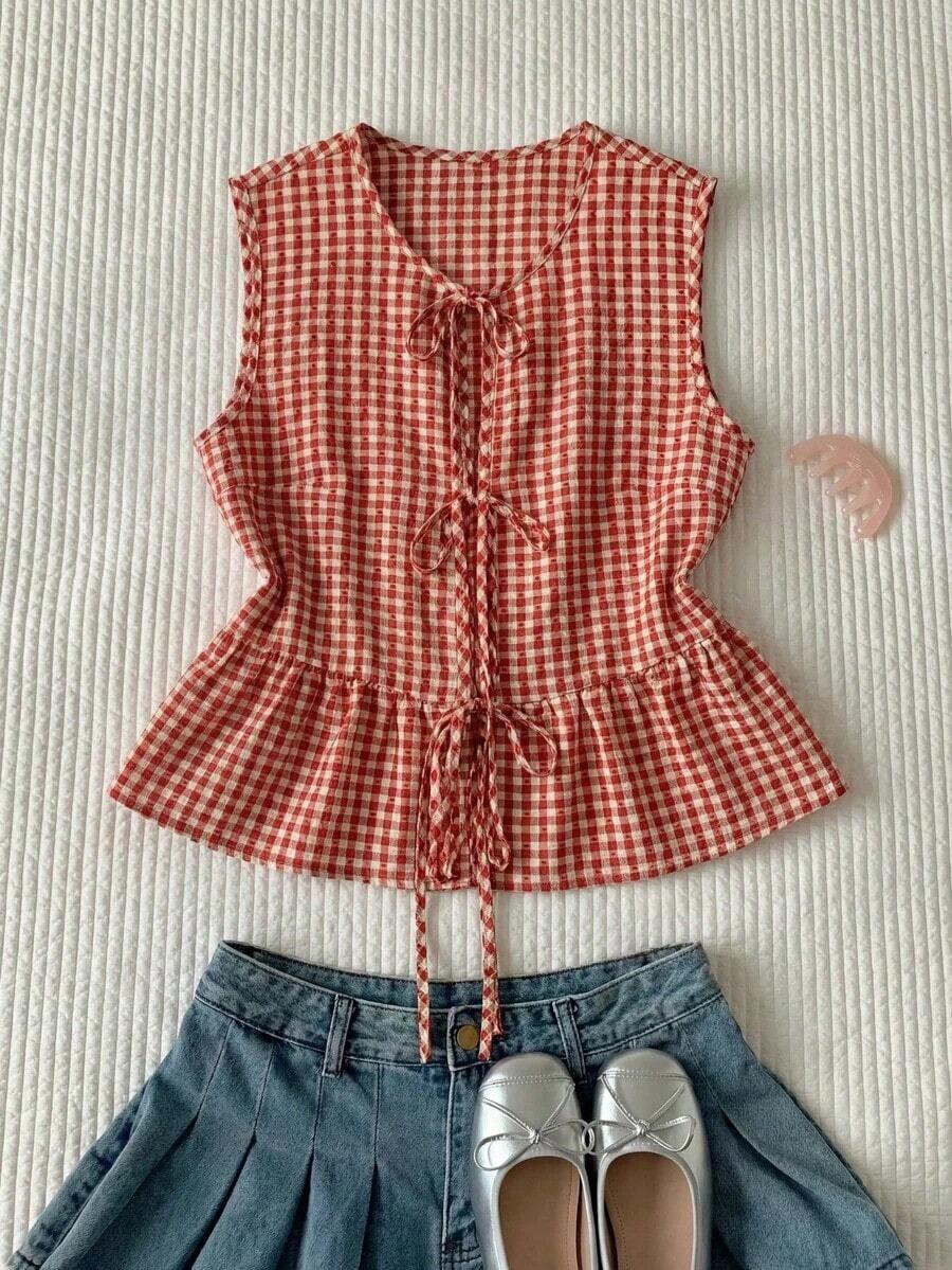 Blusa de rayas y estampado sin mangas para uso diario sencilla, tops sin mangas - Rojo 2 - Ver 1