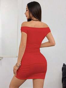 Vestido mini con hombros descubiertos y volantes, sexy - Rojo - Ver 2