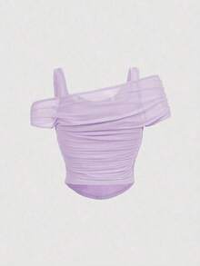 Top de chaleco de unicolor cubierto por una manga abullonada de malla color albaricoque para mujer - Lila Púrpura - Ver 2