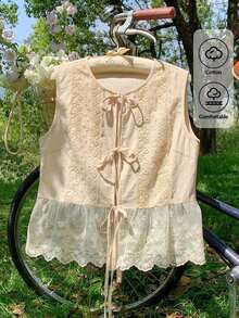 Blusa de rayas y estampado sin mangas para uso diario sencilla, tops sin mangas - Caqui - Ver 5
