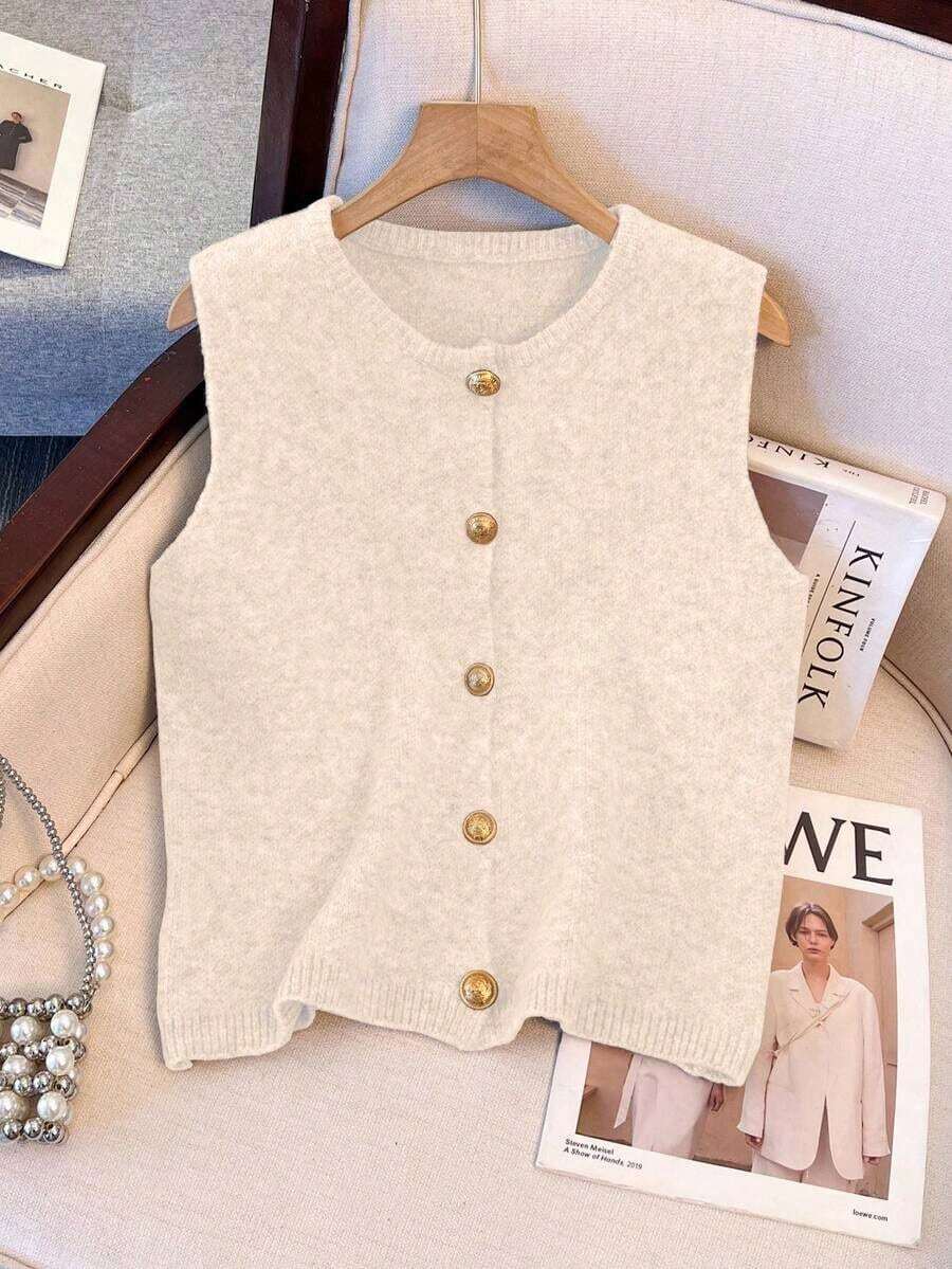 1 pieza Chaleco de punto de mujer minimalista de unicolor con botón de metal suave, parte superior casual versátil, suéter de moda de cuello redondo - Albaricoque - Ver 1