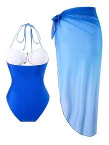 Swim Oasis Conjunto de playa de 2 piezas con traje de baño de una pieza con escote halter, recortes, parches de colores, decoración metálica con efecto océano y falda de malla degradada para mujer, primavera/verano - Azul - Ver 2