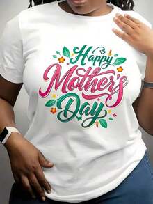 1 pieza Camiseta blanca con estampado floral para el Día de la Madre, cuello redondo, casual de aodón, tejido de punto elástico de uste regular para mujer, parrimavera/verano/otoño - Blanco - Ver 2
