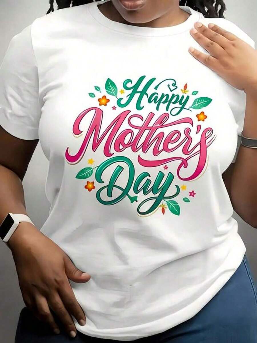 1 pieza Camiseta blanca con estampado floral para el Día de la Madre, cuello redondo, casual de aodón, tejido de punto elástico de uste regular para mujer, parrimavera/verano/otoño