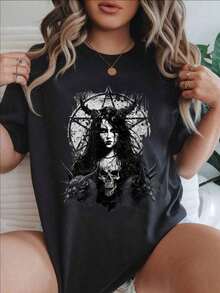 Camiseta Casual de Manga Corta para Mujer - Diseño Gótico en Blanco y Negro con Calavera y Pentagrama, Cuello Redondo, Top de Verano, Lavable a Máquina, Camisetas para Damas, Ropa Casual, Estilo Moderno, Ajuste Cómodo  
 -Blanco - Negro - Ver 7