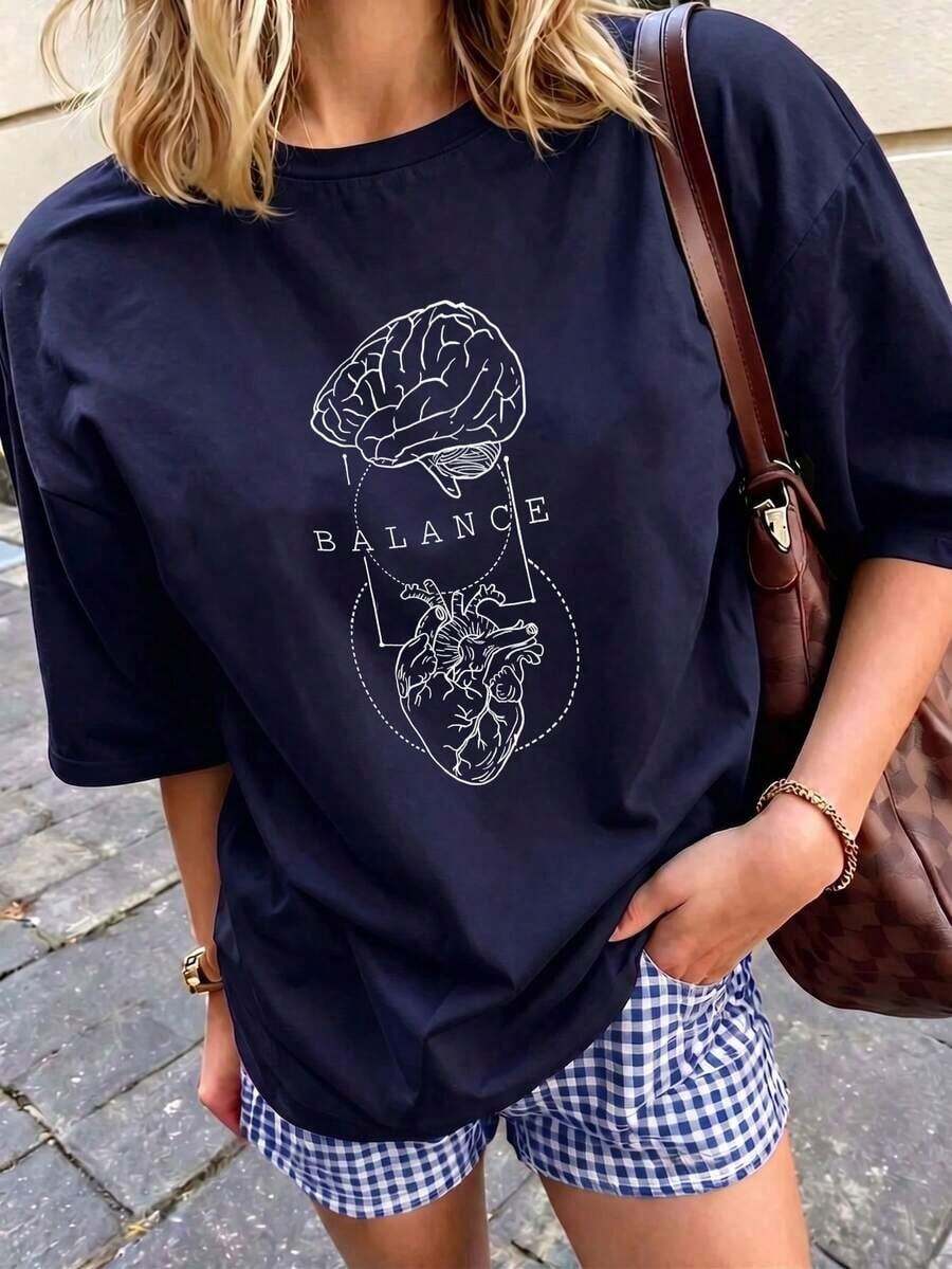 Camiseta de mujer estampada de manga corta para verano, tela de poliéster, estilo multifuncional, corte regular, peso 180 gramos, 1 unidad. - Azul oscuro - Ver 1