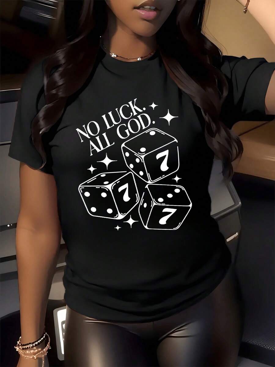 Tres dados con el número siete rodeados de destellos simbolizan la fe superior y la confianza en el destino camiseta de mujer casual moderna cómoda para uso diario - Negro - Ver 1