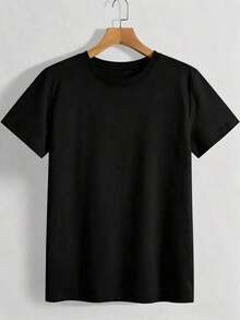 Camiseta de algodón puro para mujer, con cuello redondo, estampado de auriculares y diseño de letras, top casual de manga corta para viajes, fiestas y actividades al aire libre. Adecuada para primavera, verano y otoño. - Negro - Ver 2