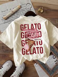 Camisetas de Moda para Mujer, Ropa de Verano para Damas, Estampado de Helado Rosa, Cuello Redondo, Manga Corta, 100% Algodón - Albaricoque - Ver 3