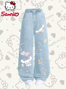 Cinnamoroll Girls Light Wash Denim Pants, Sanrio Cartoon Print Wide Leg Jeans, Elastic Waist Soft & Comfy Casual Trousers, Cute Kawaii Style For School & Daily Wear - 淺色水洗藍 - 查看 2