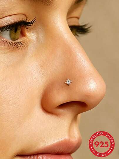 1pc Golden European-Style Fashionable 925 Sterling Silver Ins-Style Mini Octagonal Star Zirconia Heart-Shaped Flat Nose Stud, Nose Piercing, Women's Fashionable Accessory, Suitable For Weddings, Parties, Gift-Giving, Outings And Travels, Etc.