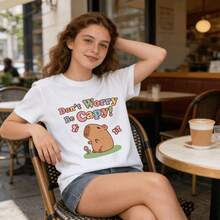Tops para mujer Casual Linda de Algodón con Estampado de Capibara, Manga Corta y Cuello Redondo para Mujer - Blanco - Ver 6
