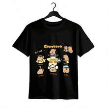 Tops para mujer Casual de Algodón para Mujer, Cuello Redondo, Manga Corta, Largo Regular, con Estampado Gráfico de Capibara para Uso Diario - Negro - Ver 8
