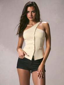 Blazer informal sin mangas de color albaricoque para mujer, conjunto de verano versátil - Albaricoque - Ver 8
