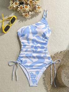 Traje de baño de una pieza con estampado todo sobre con cordón lateral para mujer, ideal para vacaciones y playa - Celeste - Ver 7
