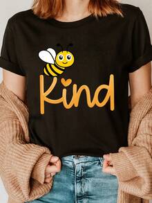 Camiseta de cuello redondo con estampado de letras y abejas, camiseta casual de manga corta para primavera y verano, ropa de mujer. - Negro - Ver 6