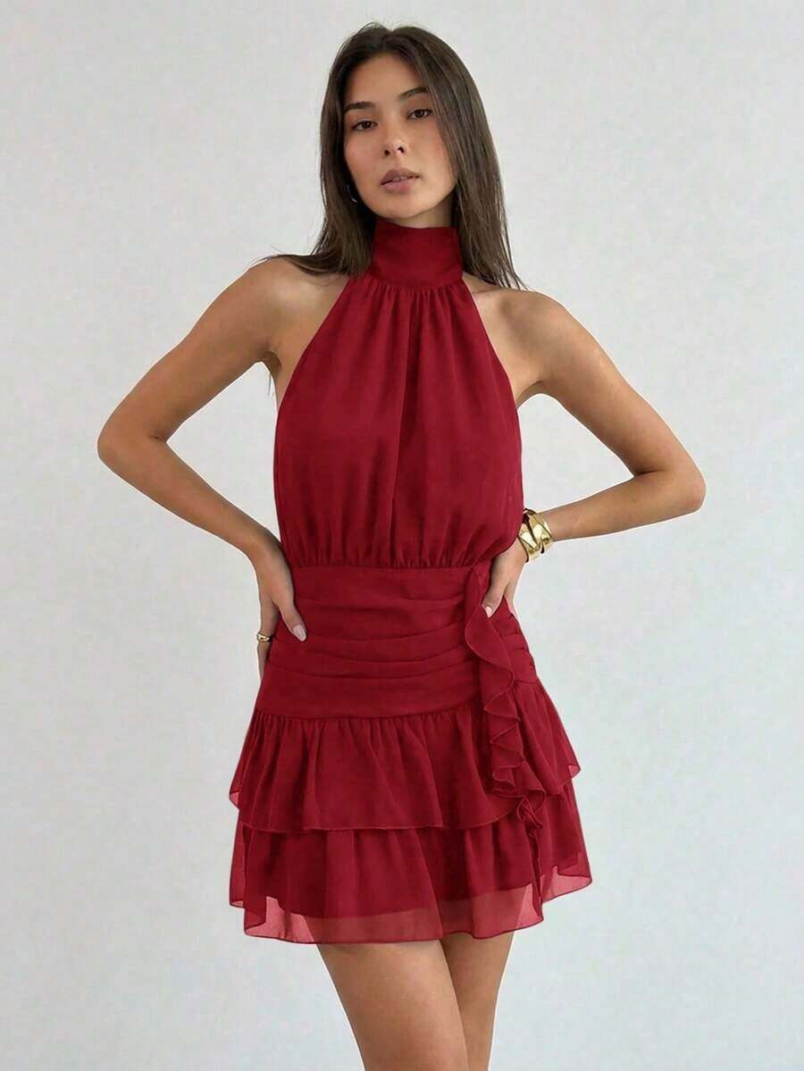 Vestido mini con cintura ceñida, volantes en el bajo y lazo en la espalda, para el Día de San Valentín - Rojo - Ver 1