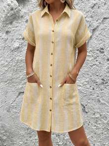 Vestido camisero de rayas azules y blancas rastreable de algodón para mujer - Amarillo 2 - Ver 12