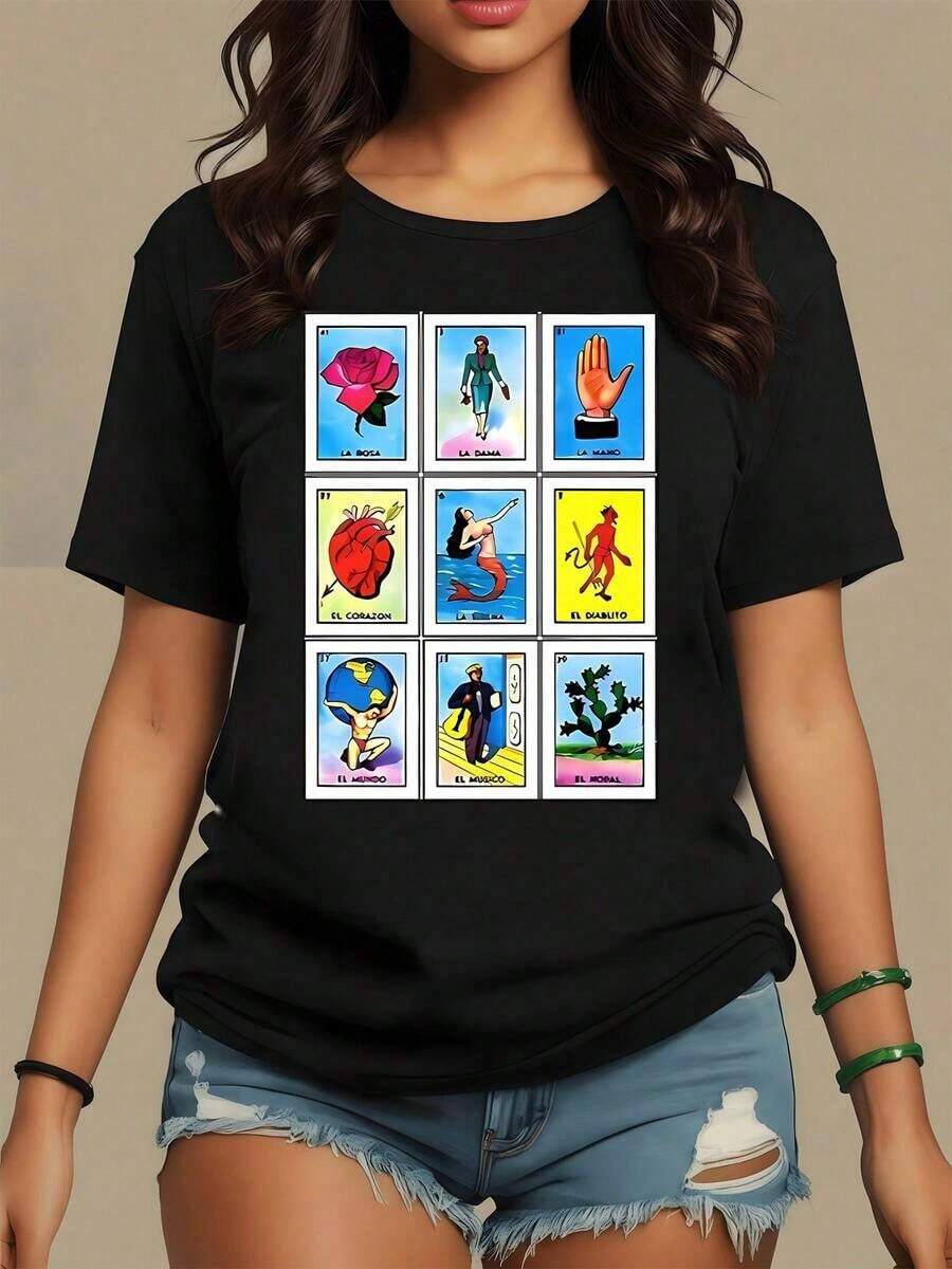 Colorful Illustration Depicting Traditional Mexican Playing Cards With Symbols Such As The Rose, Heart, Mermaid, And The World, Celebrating Latin Culture. Women's T-Shirt, 100% Cotton - 黑色 - 查看 1