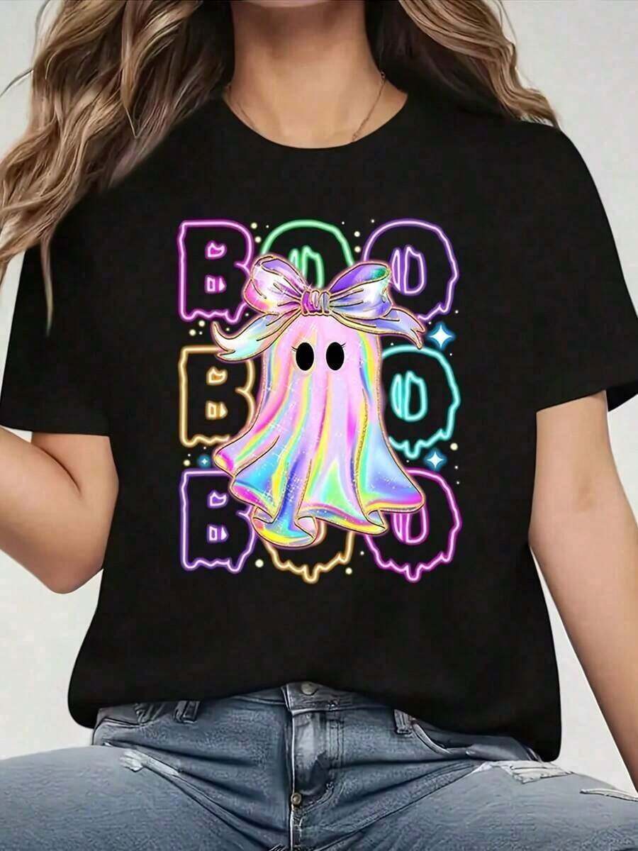Camiseta de Mujer con Lazo de Fantasma Neón, Negra, con Patrón de Fantasmas Coloridos, Adecuada para Fiestas de Halloween, Disfraces de Halloween y Acción de Gracias, 22 0g2025, Camiseta Holgada, Casual y Versátil, Estilo Y2k. - Negro - Ver 1