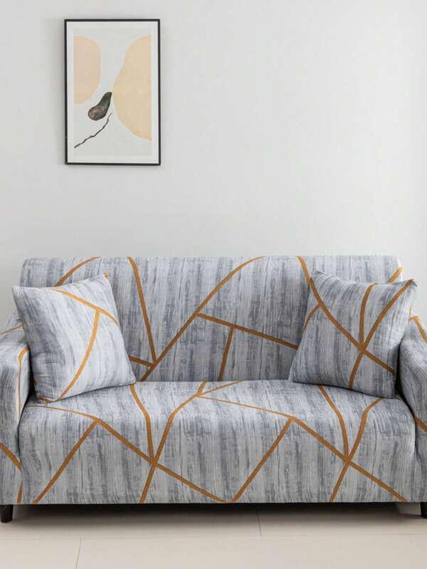 1pc Geometric Print Stretch Full Cover Sofa Slipcover, Modern Minimalist Style, Polyester Fabric, Machine Washable, Suitable For All Seasons, Excluding Pillow Cover