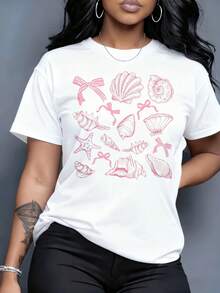 ropa de mujer Camiseta con diseño de conchas marinas y estrellas de mar para mujer, camiseta gráfica con temática de playa de verano con patrón de conchas rosas, top informal para el hogar, ocio, actividades al aire libre, regalo para el Día de San Valentín, camisas de mujer - Blanco - Ver 2