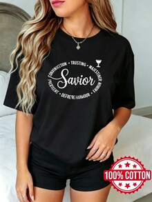 Camiseta negra de manga corta con cuello redondo y estampado para dama de verano Conexión Salvador Confianza Mestuosa Fiel S-3XL Moda 100% aodón material - Negro - Ver 2