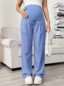 Pantalones rectos con bolsillo en diagonal, cintura ajustable, para maternidad - Azul - Ver 3