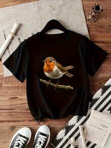 Camiseta Casual de Mujer con Estampado de Pájaros - Cuello redondo en rosa suave, ajuste elástico y cómodo, lavable a máquina, disponible en tallas S-XXL, múltiples colores disponibles, camiseta de fácil cuidado, corte holgado, estampado divertido, ropa de fácil cuidado, camiseta rosa, atuendo elegante, tela transpirable, camiseta de moda, blusas para mujer en talla adulta. Camisetas Gráficas de Verano para Mujer. Camiseta Casual de Mujer con Estampado, Manga Corta y Cuello Redondo, Moda Urbana Local de Primavera/Verano. - Negro - Ver 4