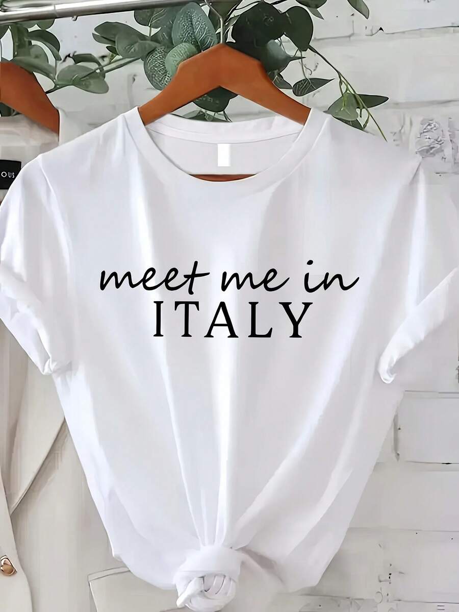 Camiseta de manga corta con cuello redondo y estampado de eslogan con temática de Italia para mujer, ideal para primavera, verano, viajes casuales y uso diario. - Blanco - Ver 1