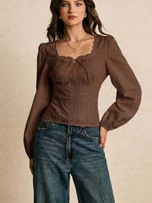 Blusa de manga larga elegante con ribete de encaje de unicolor para mujer - Café integral - Ver 4