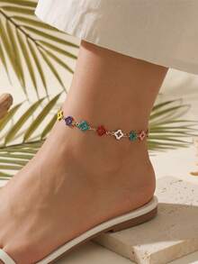 Colorful Enamel Four-Leaf Clover Anklet, Suitable For Girls' Daily Outings, Best Gift For Friends (Random Clover Color) - Multicolor - View 6