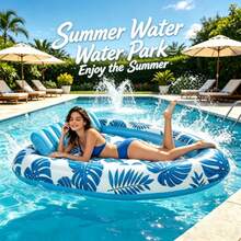 1pc Limited Edition Tropical Leaf Inflatable Float, Luxury Soft Cushion Backrest, Designed For Elegant Summer Players, Pool Inflatable, Beach Essentials, Pool Float - Blue - View 2