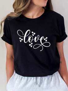 Playera Estampado Love con Corazones Tipografía Cursiva Estilo Romántico Minimalista Camiseta Negra Casual Para Mujer 100% Cotton Blusas Bonito - Negro - Ver 6